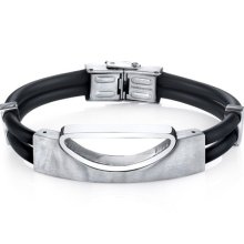 Mens Art Deco Stainless Steel and Black Silicon Bracelet Style SB4268