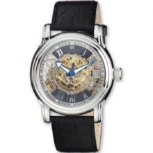 Mens Black Leather Skeleton Automatic Watch