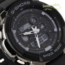 Mens Black Sports Watch Rubber Quartz Dual Display Three Hands