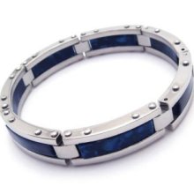 Men's Blue Stainless Steel Rubber Bangle Bracelet Chain