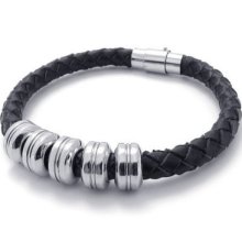 Mens Charm Stainless Steel Leather Bracelet Bangle Black