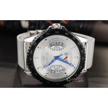 Mens Fashion White Stell Watch Automatic Selfwind Date Deco Winging Thin Band