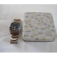 Mens Fossil Am4060 Watch Stainless Steel Bracelet Chunky Blue Dial RrpÂ£72 Tin 3