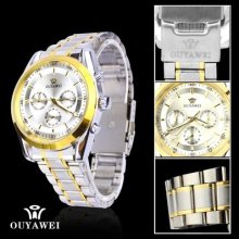 Mens Lieutenant Watch Automatic Mechanical Chrono White Two-tone Gold Silver