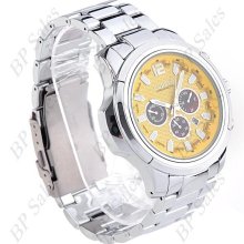 mens new Curren stainless steel quartz chrome watch with yellow face