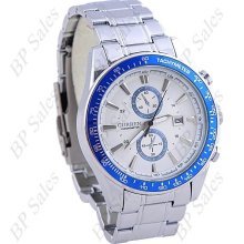 mens new Curren US SHIP ONLY chrome blue & white stainless steel watch