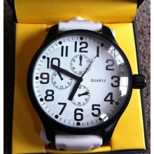 Mens Quartz Large White Face W/white Rubber Silicone Band Sportwatch In Box