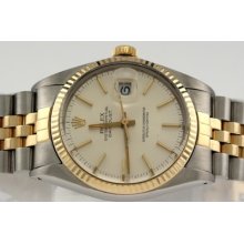 Men's Rolex 16013 Two Tone Datejust Silver Stick Dial