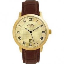 Mens Rotary Watch Brown Leather Strap Gold Plated Wrist Watch Gs72827/08