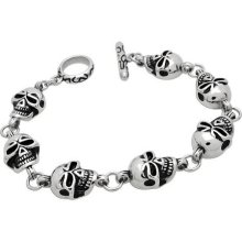 Mens Stainless Steel High Polished Oxidized Skull Link Bracelet, Personalize it.