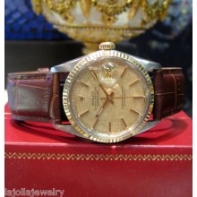 Mens Vintage Rolex Datejust Watch Gold & Steel Linen Dial On Leather Strap