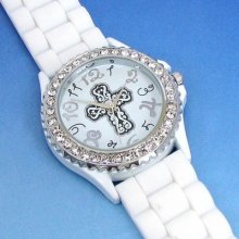 Mens Womens Small Geneva Silicone Cross Rubber Watch W/ Crystals Designer Bling