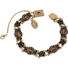 Michal Negrin Bracelet Ornate W Tiny Cameos, Black Crystal Flower & Leaf Details