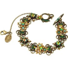 Michal Negrin Bracelet W Butterfly, Gold Painted Flowers; Green, Beige Crystals