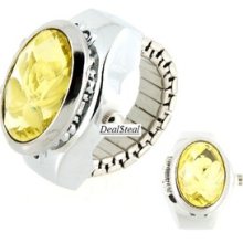 Mini Yellow Crystal Flower Shaped Electronic Finger Ring Quartz Watch (silver)