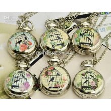 (mixture Model) Unisex Bird Cage Antique Silver Locket Pocket Watch