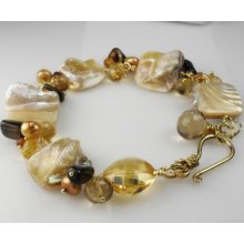 Mother of Pearl Citrine Hessonite Quartz Cluster Vermeil Bracelet