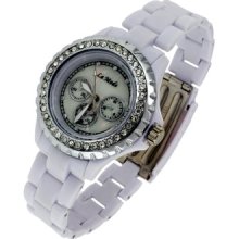 Mother Pearl Face Crystal Silver Tone Bezel White Acrylic Link Bracelet Watch