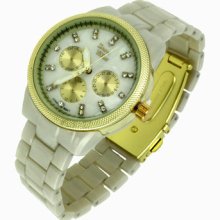 Mother Pearl Face Gold Old White Acrylic Link Band Bracelet Watch