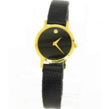 Movado Women's Mini Black Dial Black Gold-tone Case Leather Band Watch