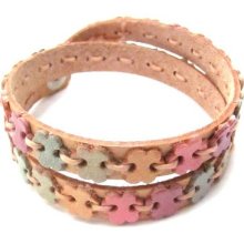 Multicolor Sweet Floral Link Tan Leather Double Wrap Bracelet