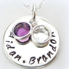 Name Pendant Birthstone Necklace - Sterling Silver Personalized 2 Names - Mom Jewelry 3/4 inch disc