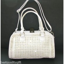 New-ds White Croc Leatherette+crystal Stud+silver Satchel,purse,bag+crossbody