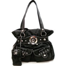 New ! Handbag Jacquard Fabric Designer Inspired Belted Hobo Black Silver Details