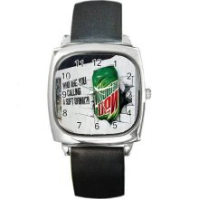 NEW* HOT MOUNTAIN DEW Square Metal Watch LeatherBand - Stainless Steel - Silver