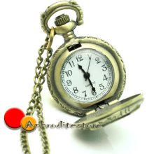 Night Owl Pocket Flap Watch Man Women Chain Necklace Vintage Quartz Bronze