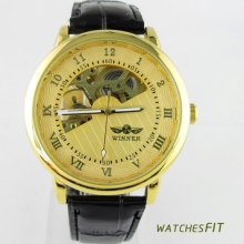 Noble Mens Mechanical Automatic Skeleton Golden Wrist Watch Roman & Arabic Num