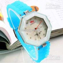 Octagon Dial Unisex Diamond Watch Jelly Sky Blue Rubber Stone Silico