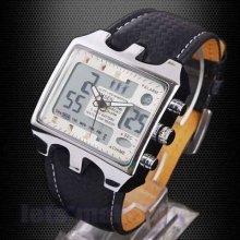 Ohsen Lcd Digital Analog Silver Dial Date Stop Watch Quartz Mens Sport Watch