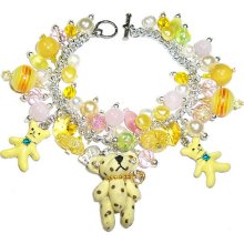 OOAK Funky Chunky charm Yellow Teddy Bear Crystal Statement bracelet B33627