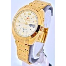 Orient Automatic Mens Watch Day/date Gold Tone Band/gold Dial