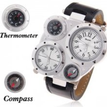 Oulm Male Quartz Analog Military Watch with Compass Thermometer Dual