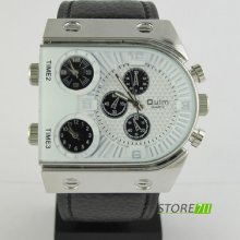 Oulm Rare 3 Time Zone Oversize Army Military Men Sport Quartz Leather Band Watch