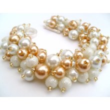 Pearl Bracelet, White and Champagne Gold, Bridal Bracelet, Bridal Jewelry, Wedding, Pearl Bridesmaid Bracelet, Cluster Bracelet