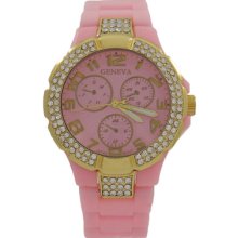 Pink Acrylic Band And Gold Bezel With Crystals Geneva Watch For Women