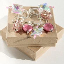 Pink Bracelet, Sterling Silver Chain Bracelet Pink Lampwork & Square Glass Beads Bling Bracelet