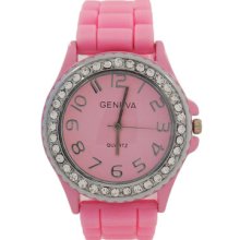 Pink Silicone Band And Silver Bezel With Crystals Geneva Women's Watch