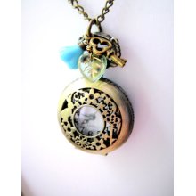 Pocket Watch Necklace - Blue Flower, Leaf, Key Charm on Anqiue Brass Pocket Watch - Steampunk Necklace, skeleton key necklace,