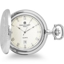 Polished silver quartz pocket watch & chain by charles hubert # 3818