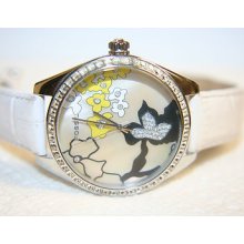 Pre-owned Fossil Es-1958 Women Watch- Mother-of-pearl With Floral Design-leather