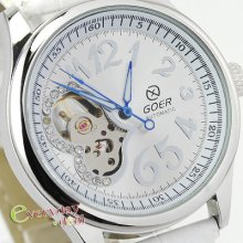 Pure White Stylish Automatic Heart Skeleton Crystal Watch Women Leather