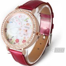 Quartz Movement Round Dial Rhinestone Red Pu Watchband Wrist Watch Wristwatch