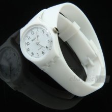 Quartz Movement Wrist Watch Wristwatch White Silicone Wristband Women