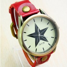 Red leather bracelet watch large dial pentagram leather watch quartz vintage style watch women's fashion watch B761