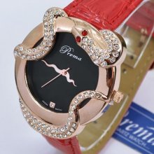 Red Leather Strap Quartz Rhinestone Ladies Snake Wrist Watch Black Golden Dial