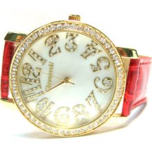 Red Strap Gold Plated Frame Women Mens Bling Watch Fag5